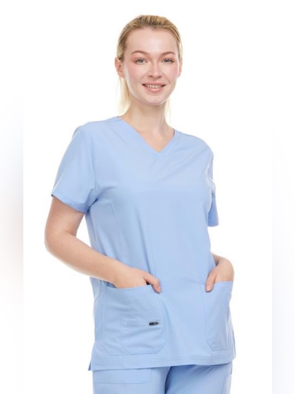 Women's Light Blue V-Neck Medical Scrub Top and Pants